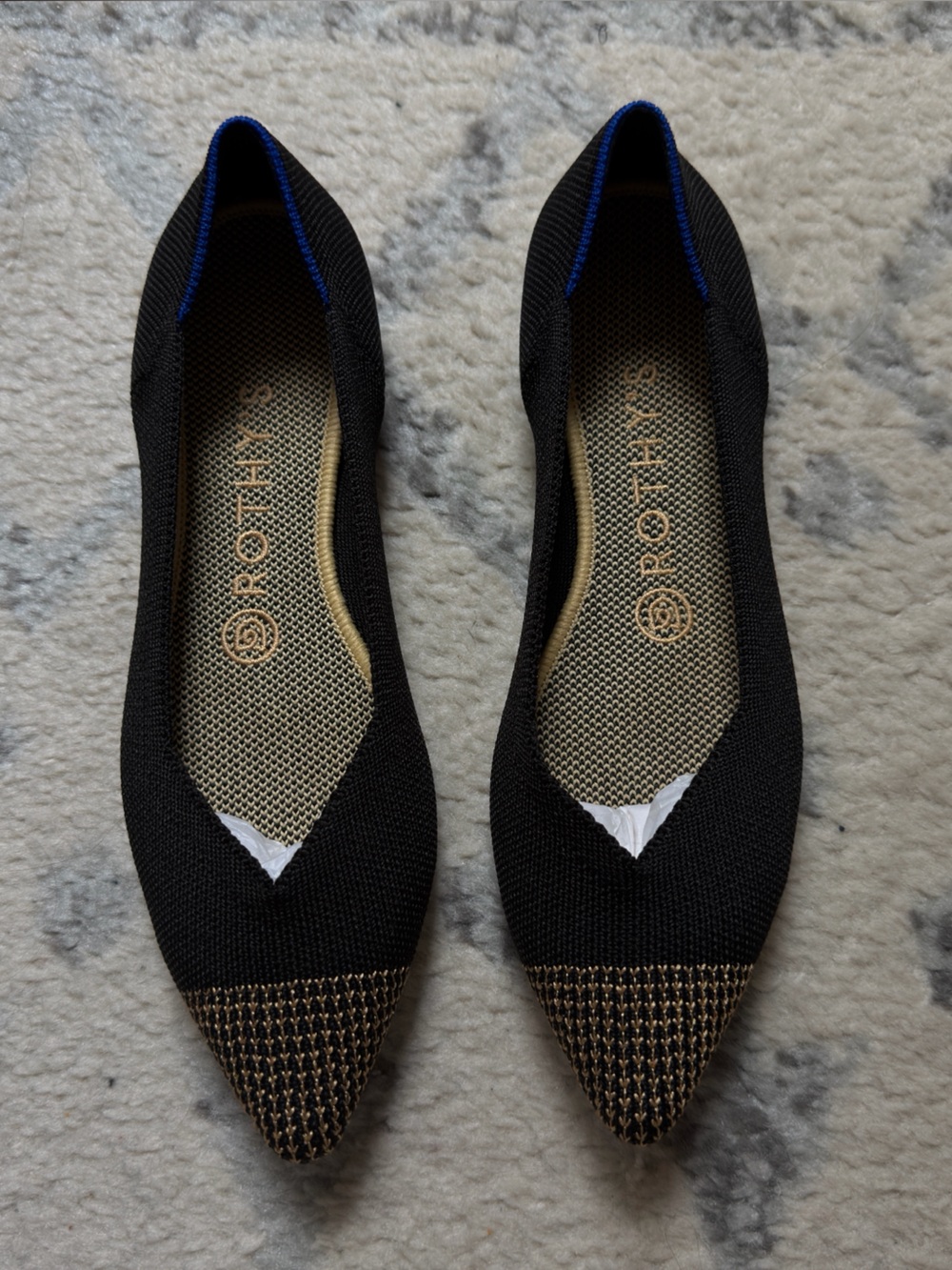 Rothy's Pointed Knit Flats in Black with Gold Toe